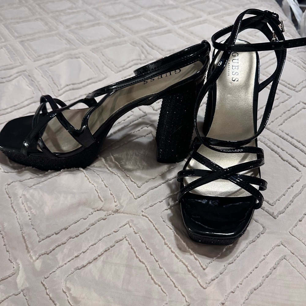 Guess Glossy Black Strappy Heels
